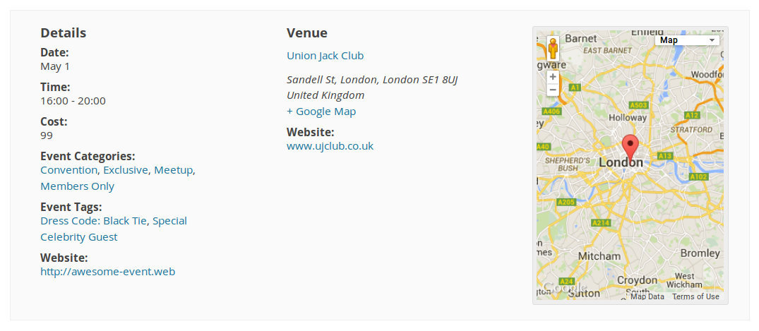 Screenshot showing the single event meta area