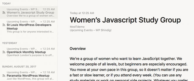 Example of our WP Shindig RSS feed, as seen in a feed reader application