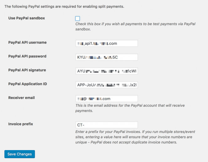 Example of wp-admin PayPal Split Payments settings for Live mode