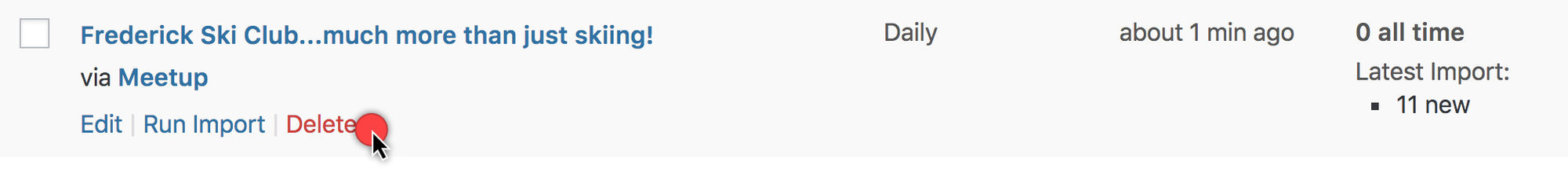to delete a scheduled event import, hover mouse over the schedule and select delete