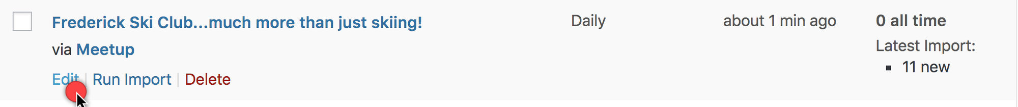 Hover over a scheduled event to edit the import schedule