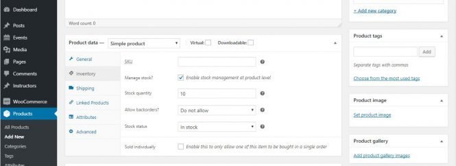 screenshot of WooCommerce product inventory settings
