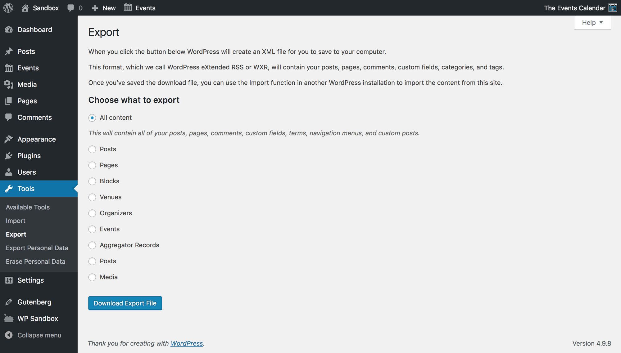 WordPress native content export function