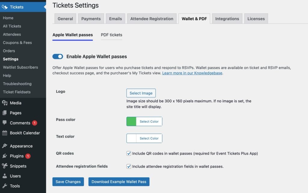 The Apple Wallet Passes settings screen in Event Tickets Plus