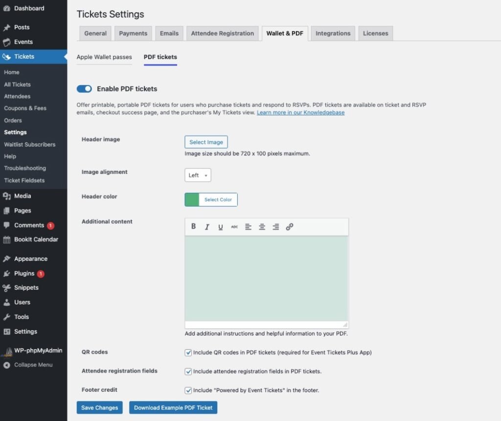 The PDF Tickets settings screen in Event Tickets Plus