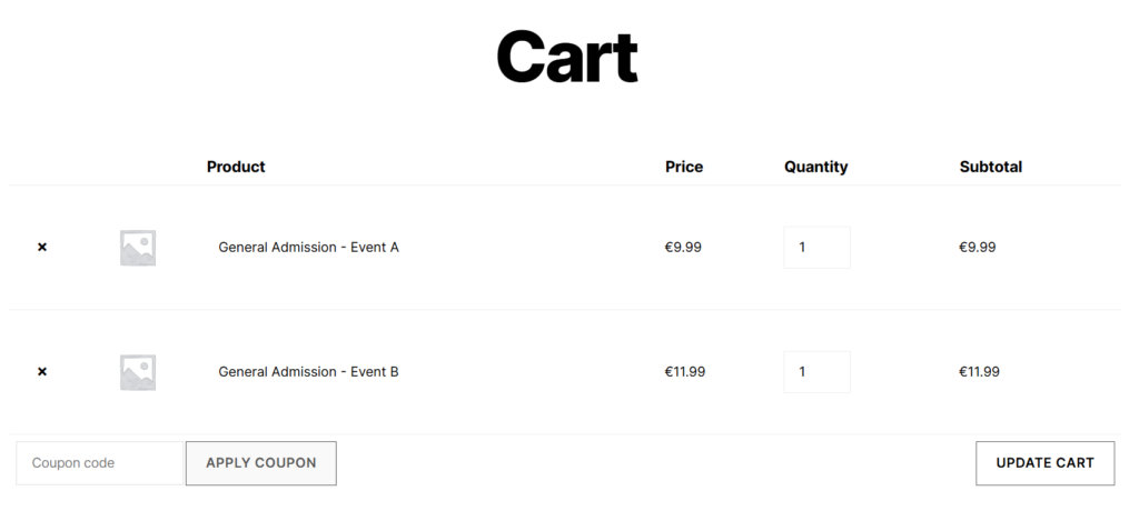 WooCommerce Cart with two ticket products of same name with event titles appended