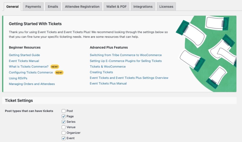 The Ticket Settings section under Events Settings when The Events Calendar is active
