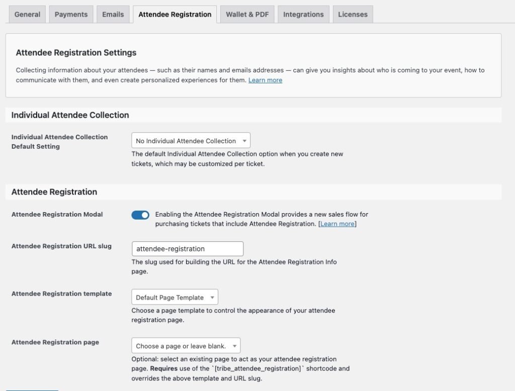 The Attendee Registration settings screen in Event Tickets Plus