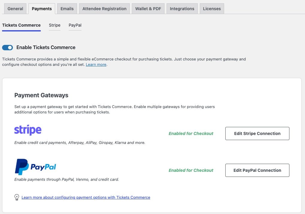 The Event Tickets Payments settings screen showing the option to enable Tickets Commerce