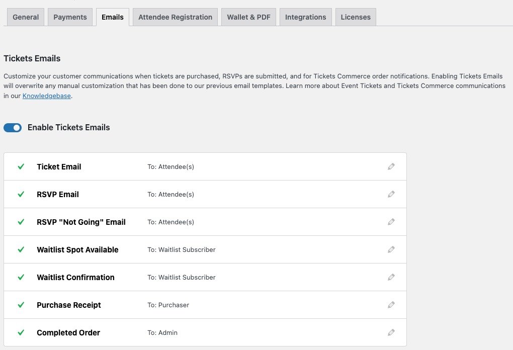 The Event Tickets Emails settings screen showing the list of configurable email types