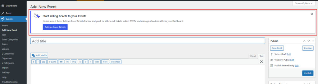 The add-on upsell banner at the top of the WordPress admin dashboard