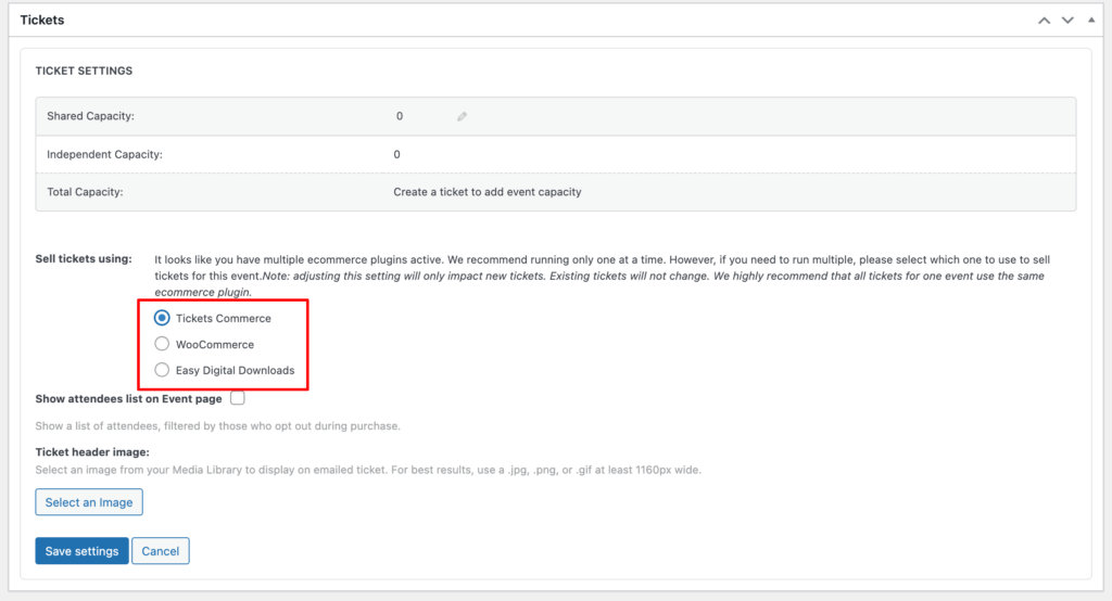 Classic Editor: Ticket Settings Options