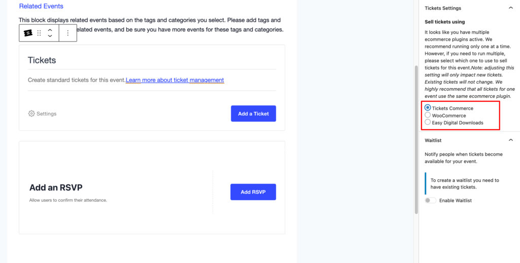 Block Editor: Ticket Settings Options
