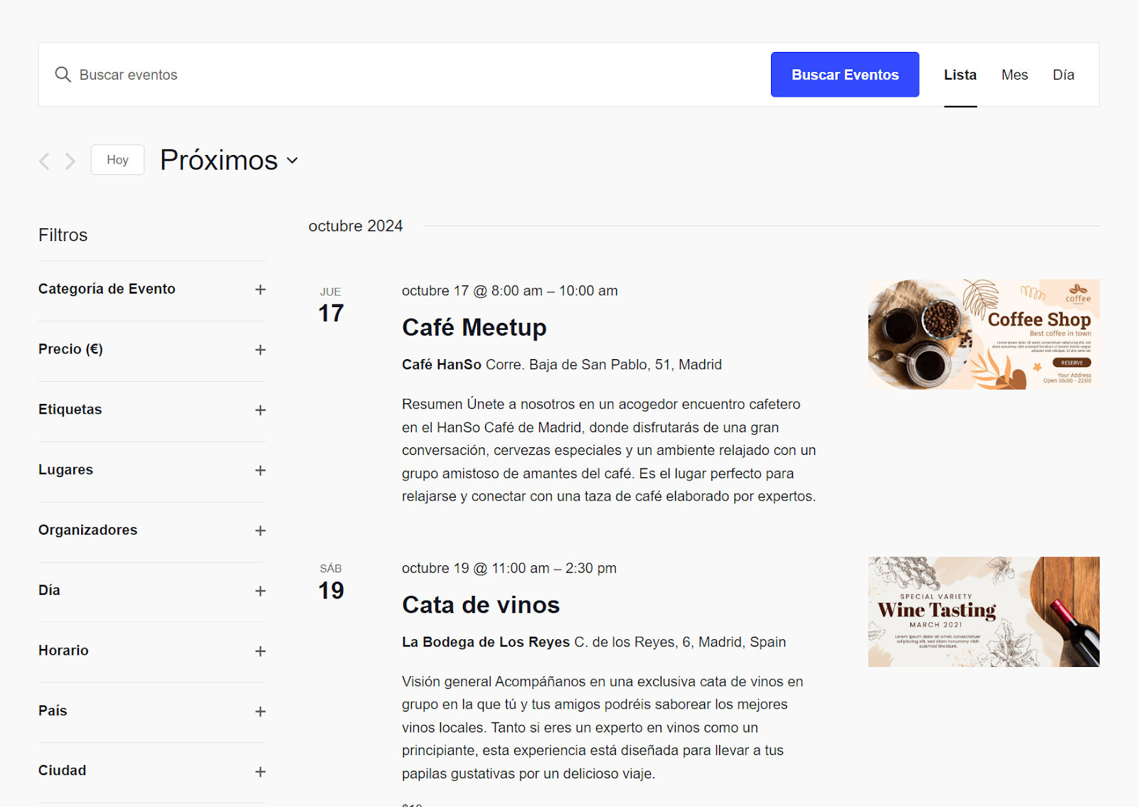 The calendar list view in Spanish