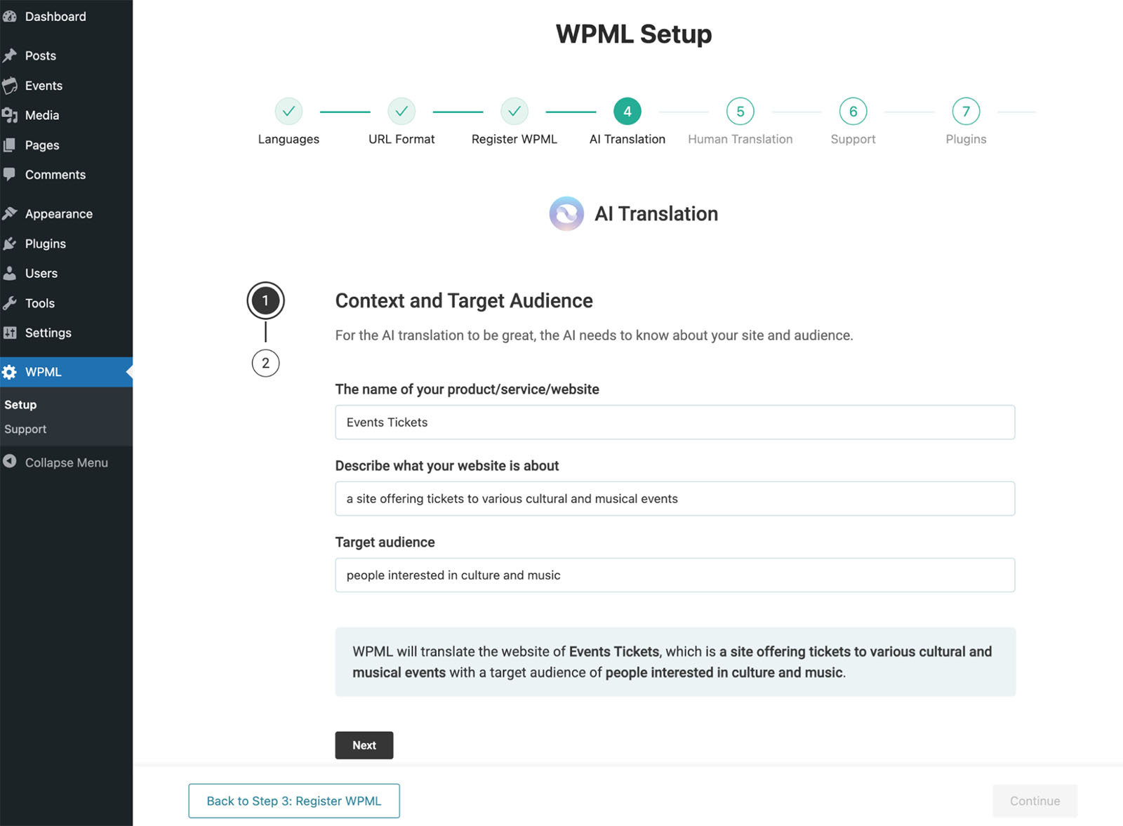 AI Translation screen from the WPML setup wizard.
