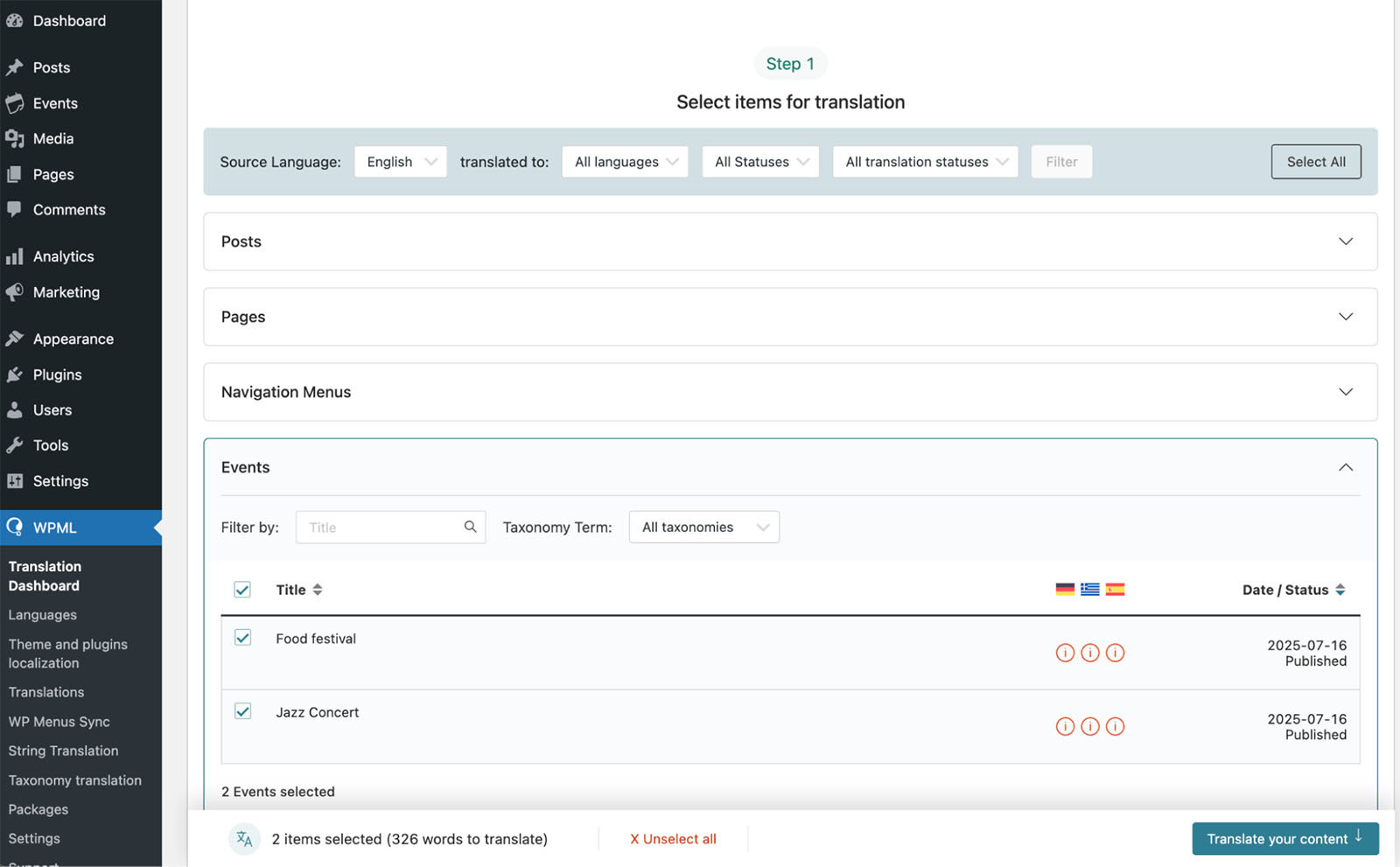 Step 1 of WPML's translation process