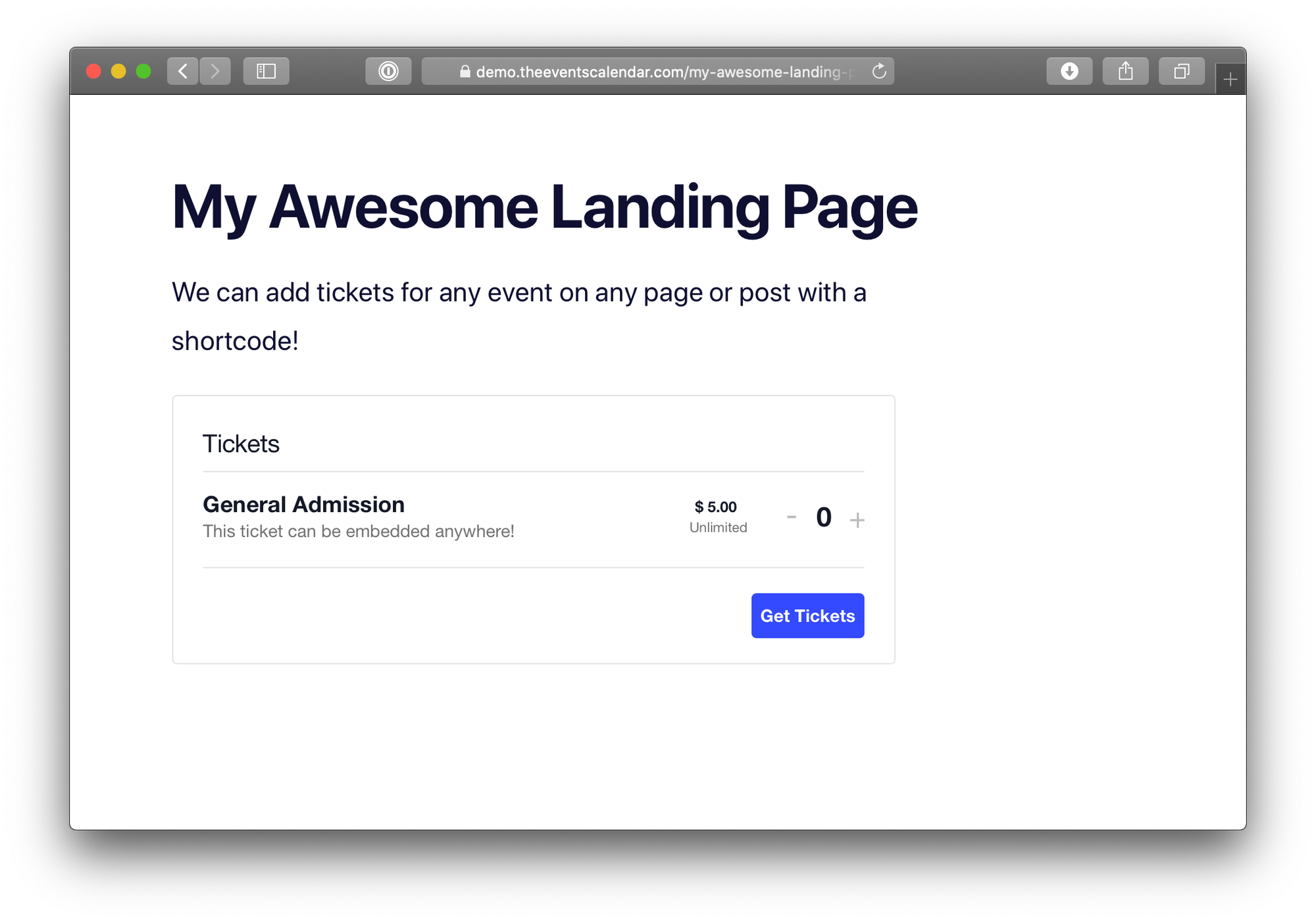 Screenshot showing a webpage with an embedded ticket form.