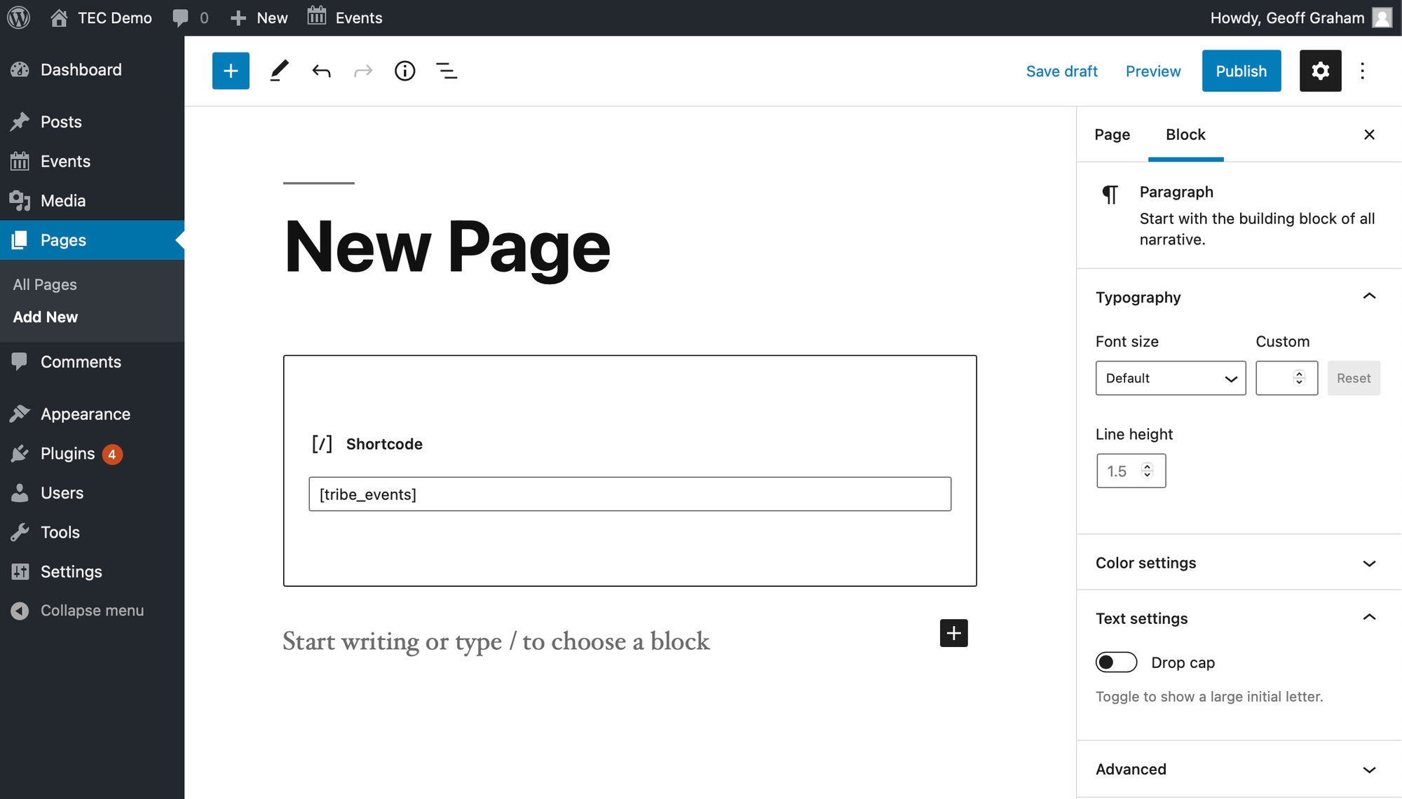 WordPress page with shortcode block