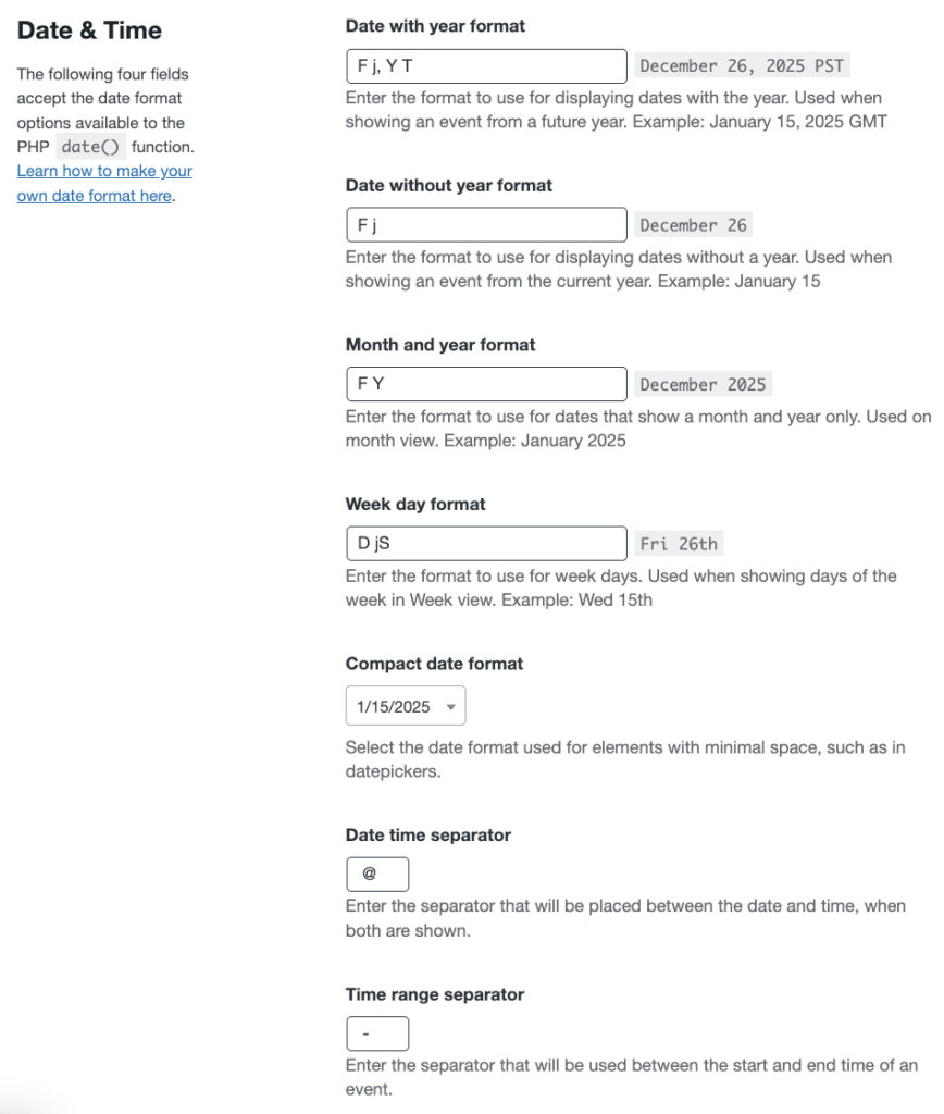 The Date & Time settings tab in The Events Calendar