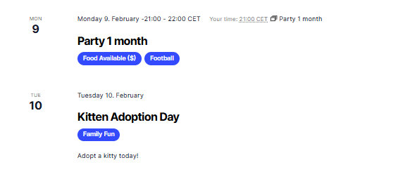 List View showing category pills below event titles