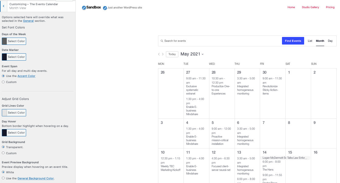 the events calendar wordpress customizer month view option