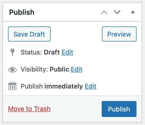 The publishing options in the WordPres editor showing buttons to Save Draft, Preview, Publish, and move to trash. There is also a list of three options to set the status, visibility and publish date.