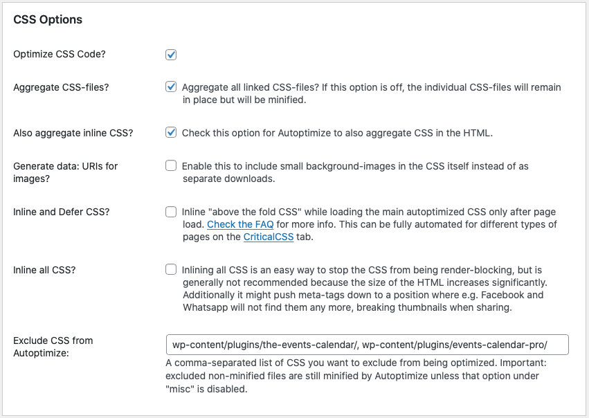 Autoptimize CSS options. There're a few checkbox options provided by Autoptimize and a text field labeled "Exclude CSS from Autoptimize". You should put the address of the folder where our plugins are installed on this input. On this way Autoptimize won't optimise CSS provided by us