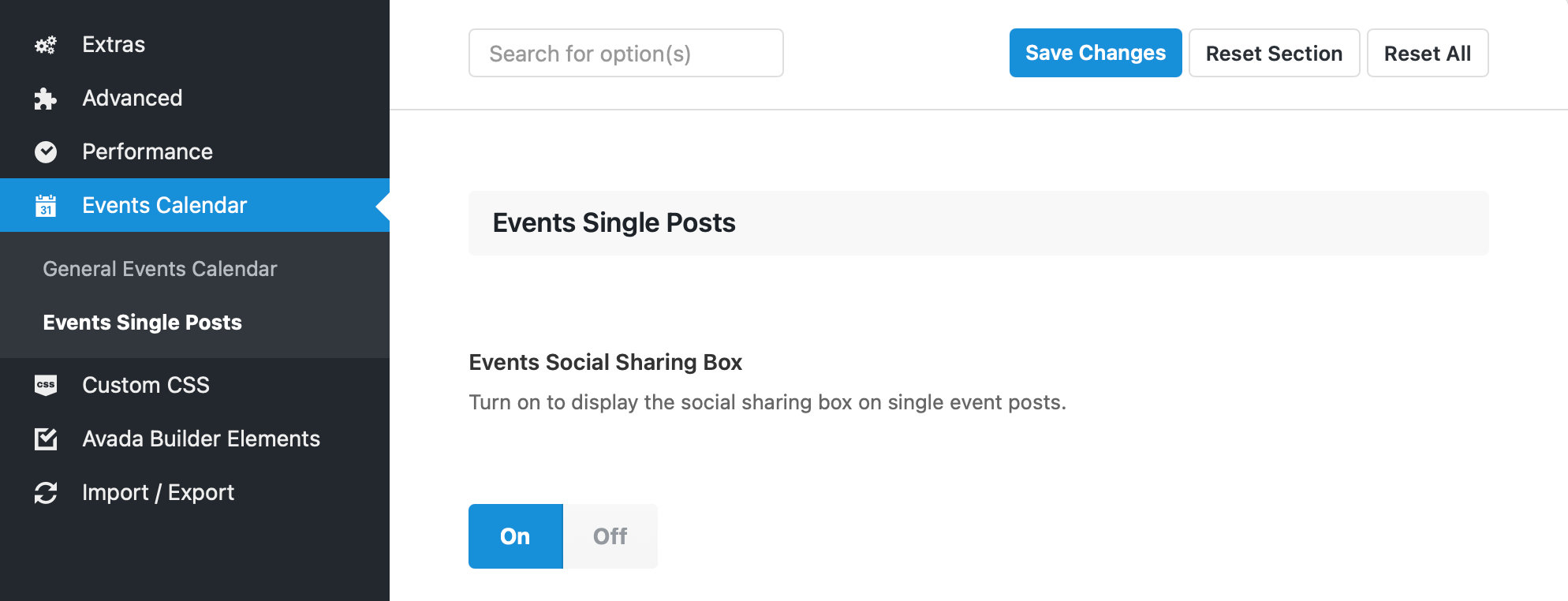 Showing the settings screen for event single posts. The menu for Avada's global settings is dark and located to the left and the Events Calendar item is highlighted in blue. The event post settings are located to the right of the menu again a white background, showing an option for social sharing.
