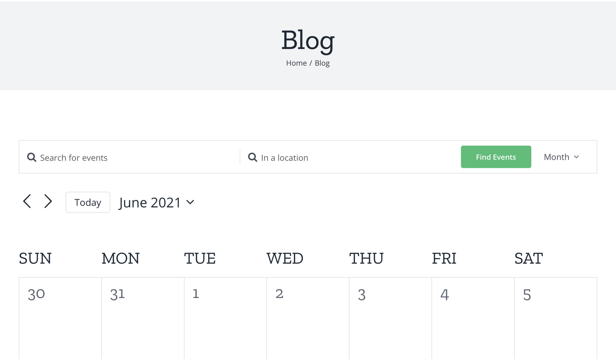 Showing the calendar month view with a light gray header that says Blog as the page title in a large font followed by breadcrumbs that display links to the site's Home and Blog.