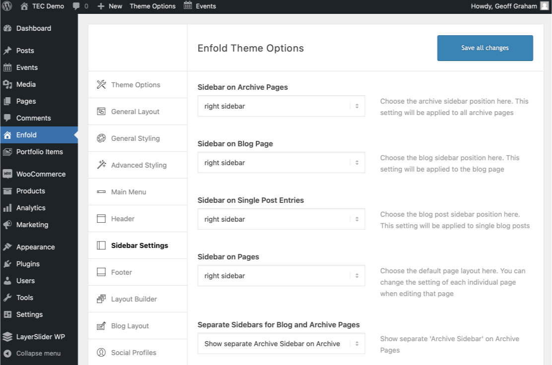 Showing Enfold theme options for sidebars, including settings for where to display the sidebar for archive pages, the blog page, ingle posts, pages, and separate sidebars for blog and archive pages.