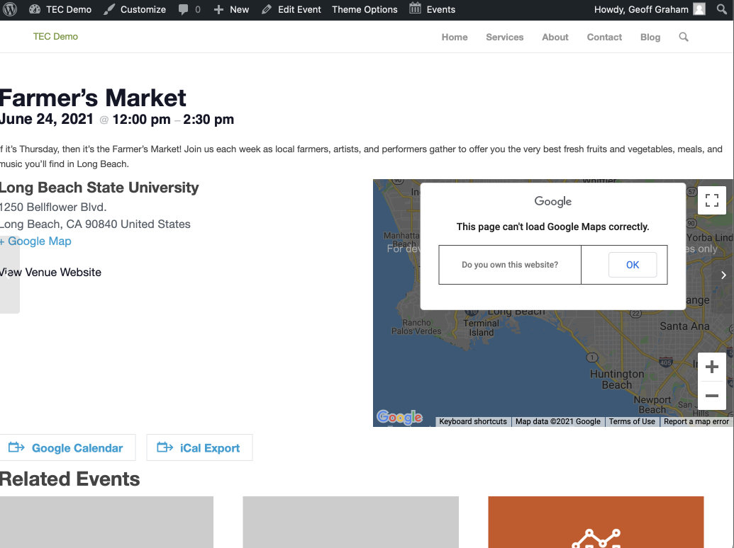 Showing an event single post for a Farmer's Market event on June 24, 2021 from 12 to 2:30. The content stretches from one side of the screen to another, including the body content, venue information, venue map, and related events.