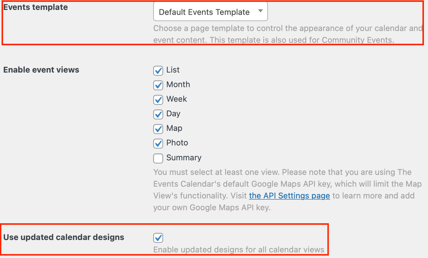 The events display setting page with the Events template option highlighted in red as well as the option to use updated calendar designs when using the oxygen page builder.