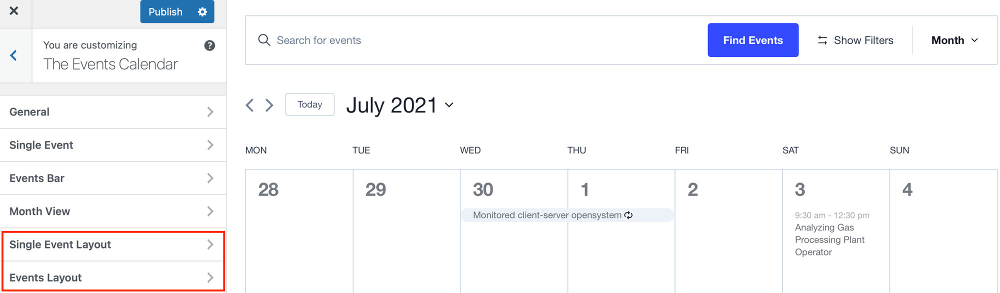 Showing the WordPress Customizer with the calendar month view open. The customizer options are in a left panel with tabs highlighted for Single Event Layout and Events Layout.