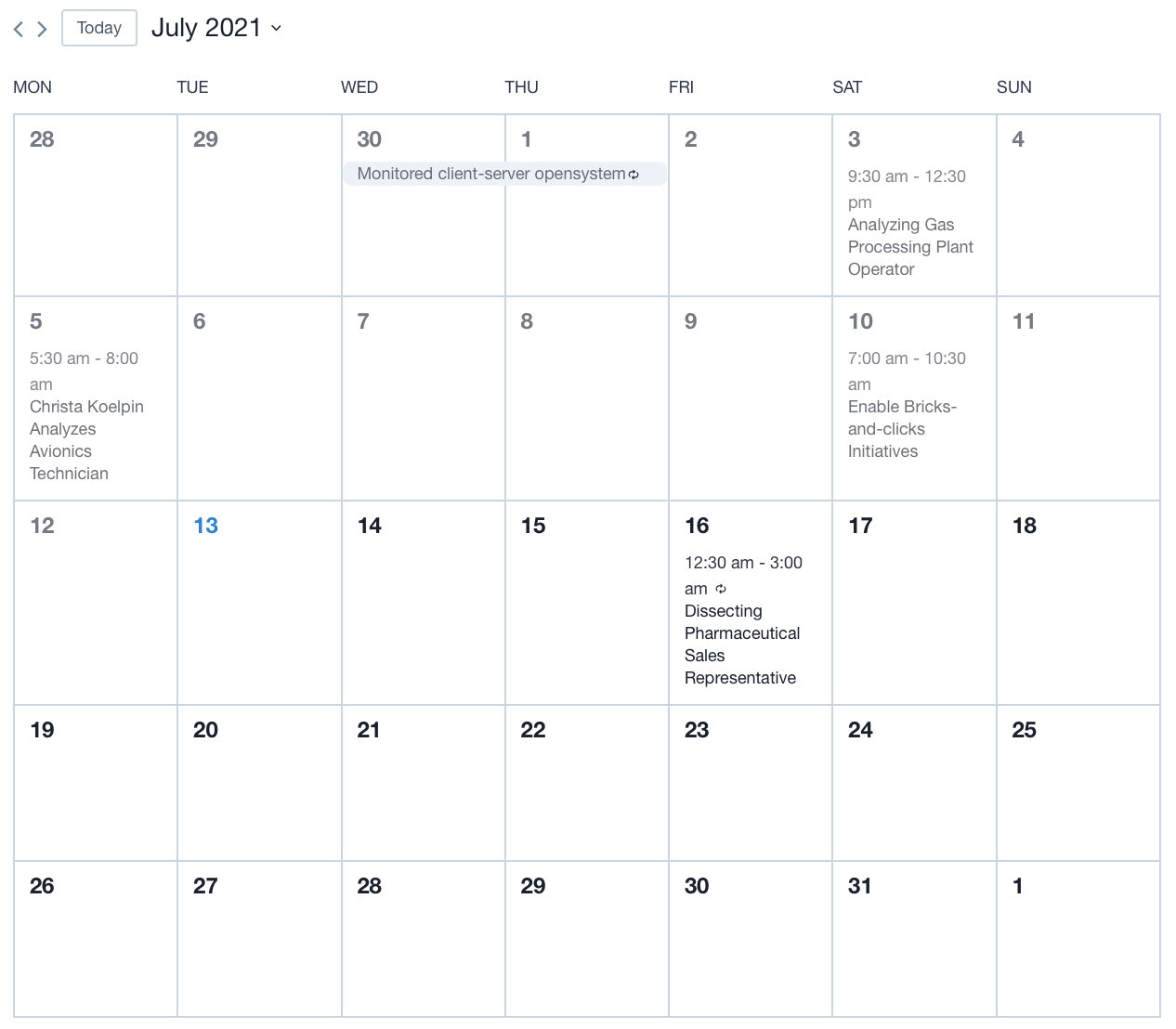 Showing the calendar in month view for July 2021. There are five events on the calendar showing times and event titles.