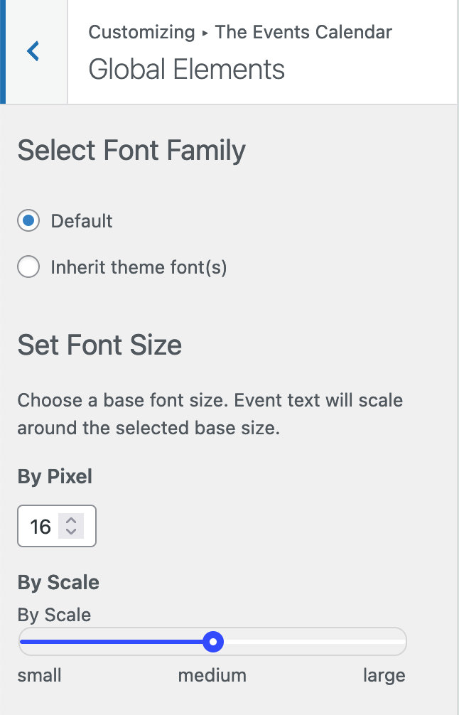 The customizer settings for The Events Calendar's global elements, including font family, and font size.