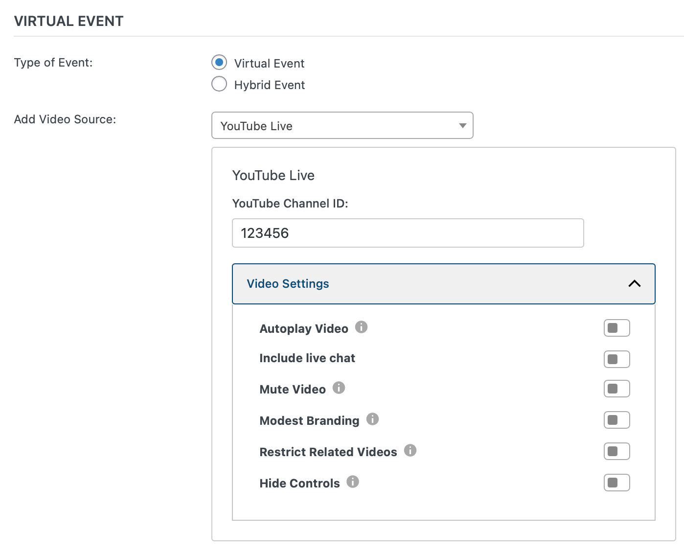 YouTube Live options under Add Event > Configure Virtual Event.