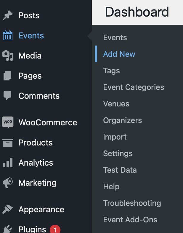 his image is showing the WordPress dashboard with various options available to manage a website. The option to click on Add New event is highlighted. 
