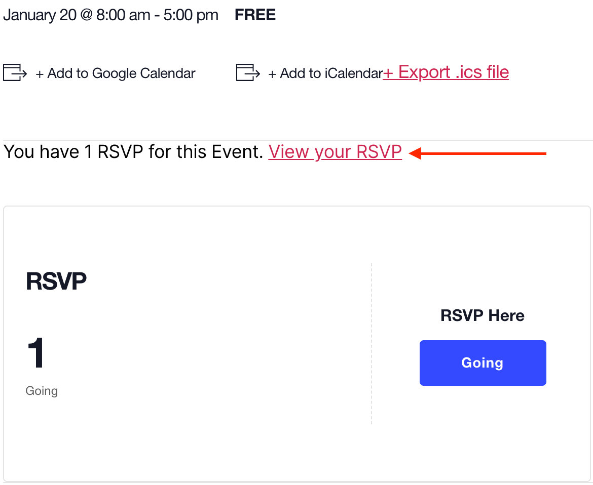 An example of the "View your RSVPs" information box on an event page
