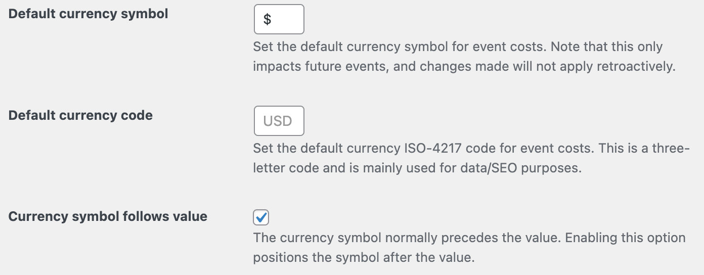 Currency options under Events Settings > General.