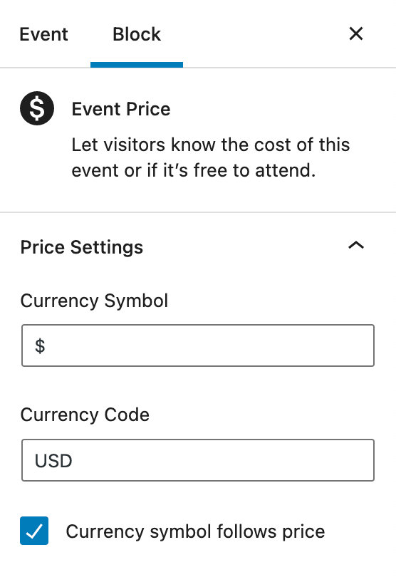 Event Cost options with the Block Editor