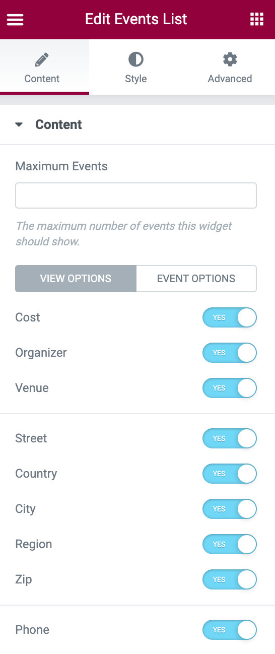 Elementor Events List Widget content tab