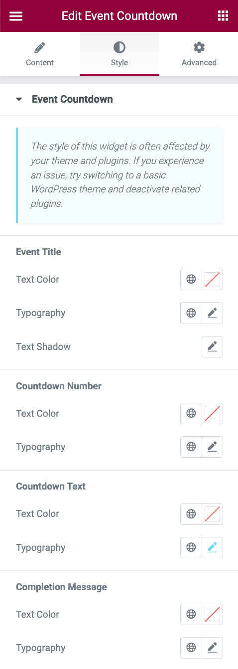 Elementor style tab for Event Countdown widget