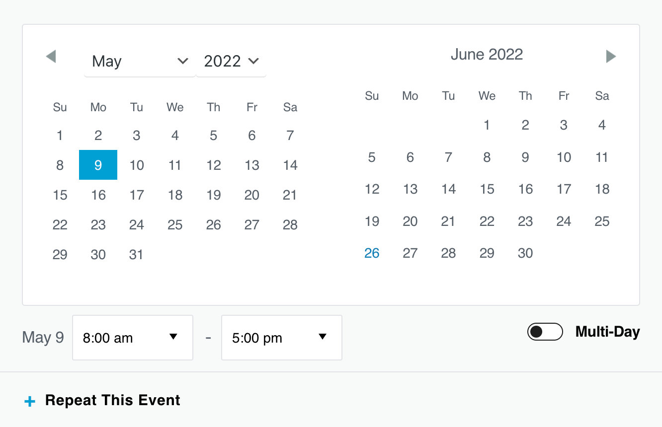 This image is a calendar for the months of May and June 2022, showing the days of the week and the dates for each day in the WordPress Block Editor