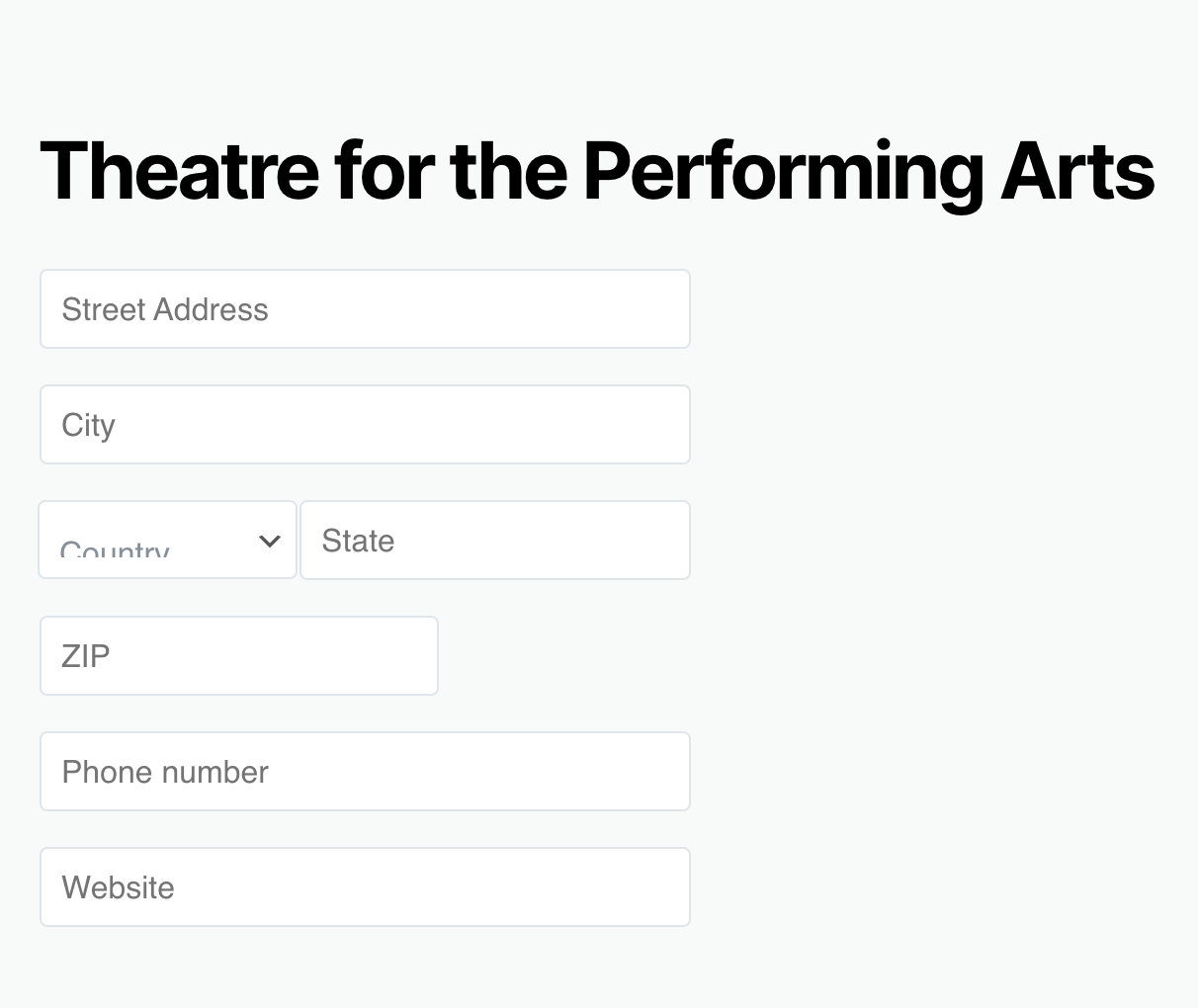 A theatre is being advertised with its street address, city, country, state, zip code, phone number, and website in the WordPress Block editor