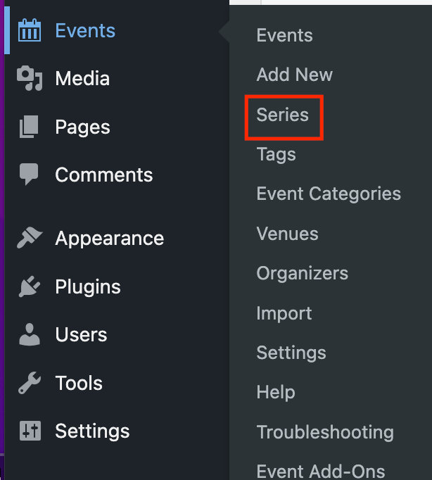 Events Series in the WordPress Dashboard