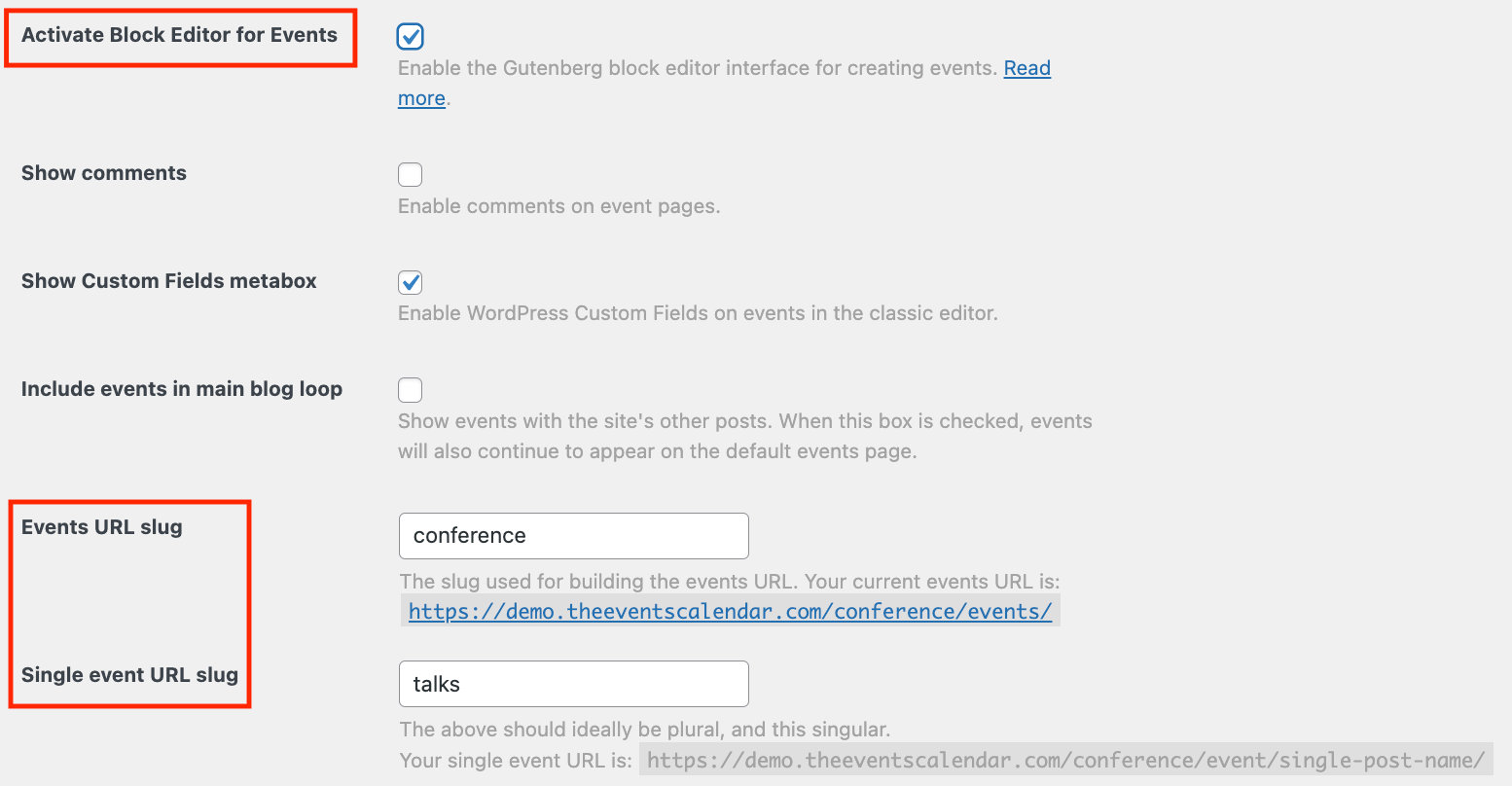 Activate Block Editor and change the Events and Single event URL 