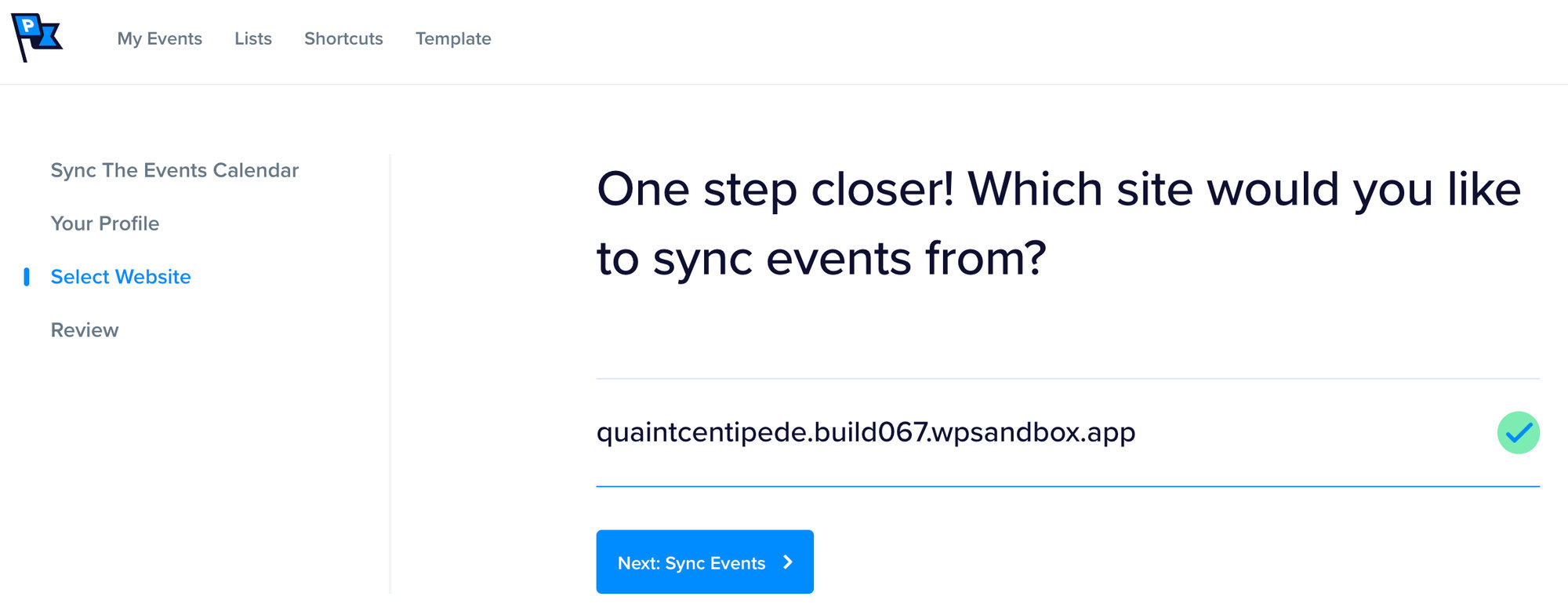 Select your website to begin syncing your events with Promoter