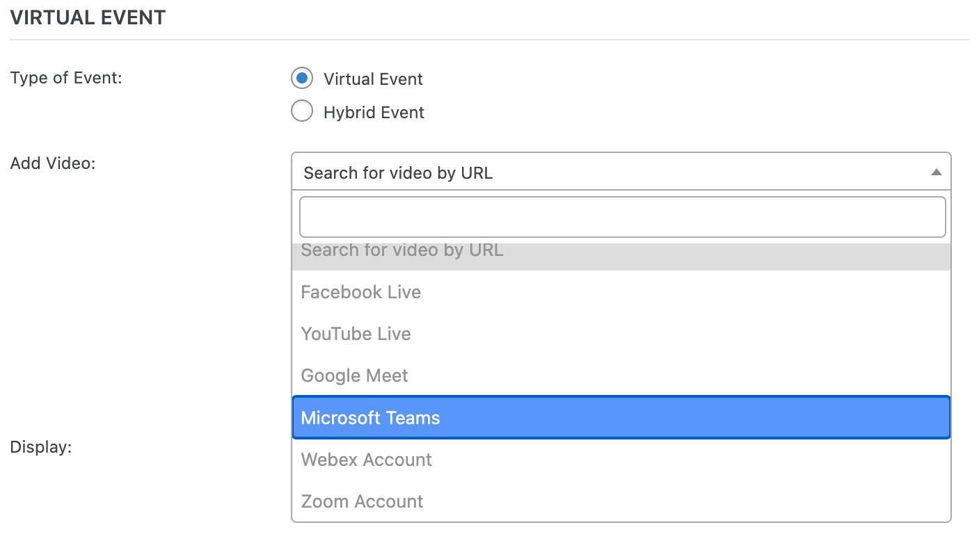 Microsoft Teams option in virtual events dropdown menu