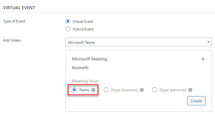 Select Microsoft Teams option in virtual events