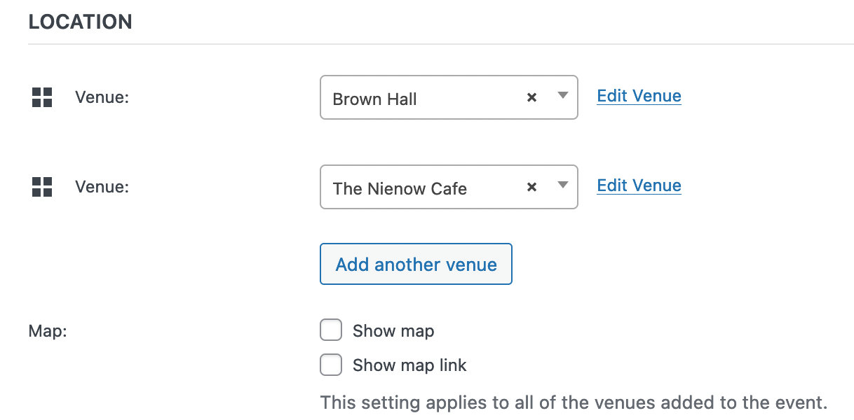 This image shows how to add multiple venues to an event using the classic editor